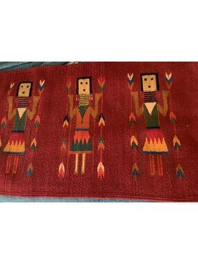 Vintage Zapotec Rug Women of the Cornfield Red Hand Woven Wool 23 x 41 Fringed
